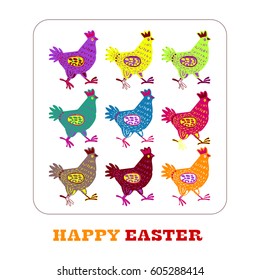 Easter illustration with set of hand drawn colorful hens in Vector
