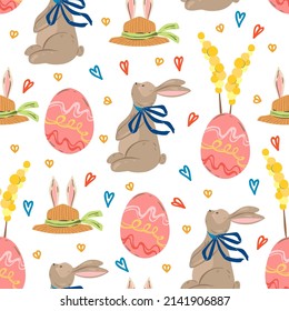 Ilustración de Pascua, Set, sombrero con orejas conejitas, mimosa, conejo con huevo de Pascua. Patrón sin fisuras del vector. Fondo claro, papel tapiz, estilo de caricatura