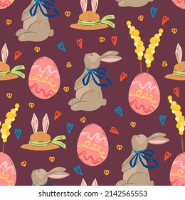 Easter illustration, Set, hat with bunny ears, mimosa, rabbit with easter egg. Vector seamless Pattern. Dark  background, wallpaper, cartoon style