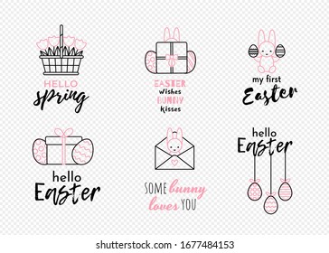 Easter illustration set made of Easter typography and simple line icons in black and pink color. Isolated clipart. Spring flowers tulip, Easter funny bunny and eggs. Great for posters and cards. 
