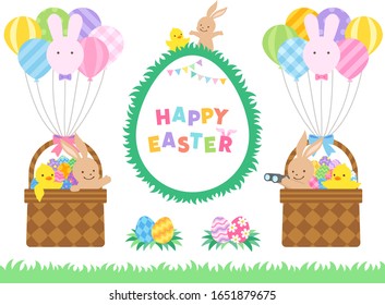 Easter illustration set (rabbits, chicks, baskets floating with balloons)