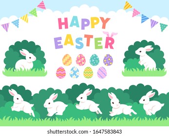Easter illustration set with running white rabbits