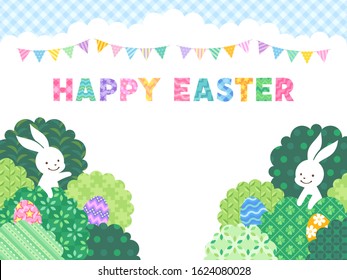 Easter illustration set (white Easter bunny, eggs, green bushes)