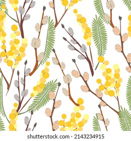 Ilustración de Pascua, Set, sauce y mimosa. Patrón sin fisuras del vector. Fondo claro, papel tapiz, estilo de caricatura