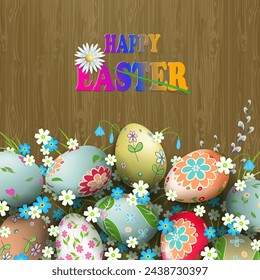Easter illustration with a silhouette of a board, multi-colored eggs with a diverse pattern, flowers and willow branch.