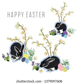 Easter illustration with snowdrop, violet, black rabbits and pastel easter egg. Surface pattern design. Package design.