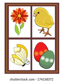 Easter illustration - spring window with  chicken, flower, butterfly and colored eggs