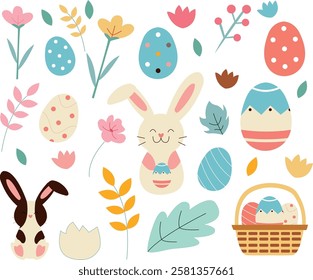 "Easter Illustration Symbols" features a bunny, colorful Easter eggs, a basket, flowers, leaves, branches, and a cracked egg, symbolizing joy, renewal, and celebration in a vibrant and festive Easter 