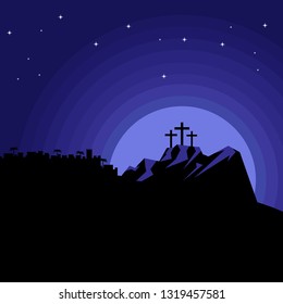 Easter illustration. Three crosses on Calvary.