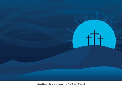 Easter illustration with three crosses on hill and blue sky with full moon at night.