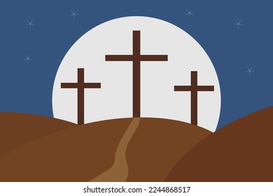 Easter illustration. Three crosses silhouettes on a night sky.