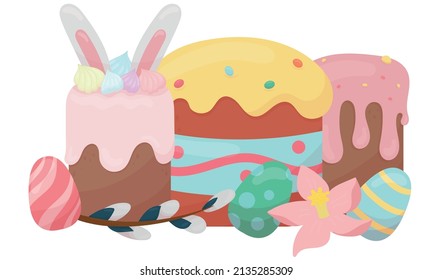 easter illustration - traditional Easter cakes, painted eggs, willow and spring flowers, vector illustration in a flat style for a card, invitation, souvenir, a white background