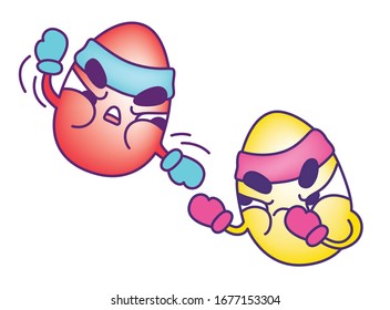 Easter illustration two eggs in headbands and boxing gloves are fighting. Boxing, sports fights. Blow from above, protection. Holiday tradition. Vector isolated picture of confrontation, competition.