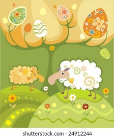 easter illustration with a two funny decorative sheeps
