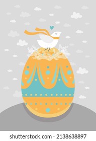 Easter illustration in Ukrainian style.
Cute bird in the nest on the painty Easter egg
