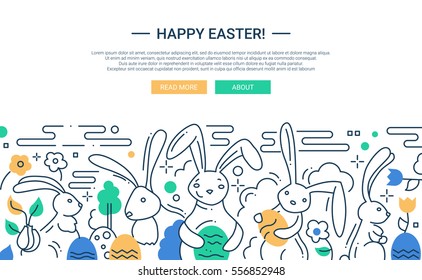 Easter - illustration of vector modern line flat design website banner, header with rabbits