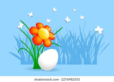 Easter illustration. White egg and 3D flower among the grass