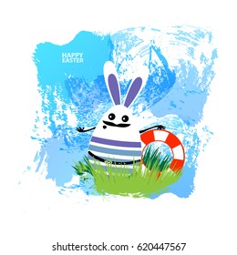 Easter illustration for your design. Cheerful egg-rabbit symbol of a happy Easter on a watercolor background. Isolated on white. Rabbit sailor boy with a life preserver in his hand