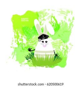 Easter illustration for your design. Cheerful egg-rabbit symbol of a happy Easter on a watercolor background. Isolated on white. Rabbit sailor green, ambush in the grass