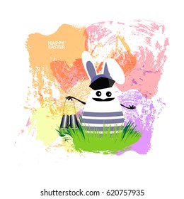 Easter illustration for your design. Cheerful egg-rabbit symbol of a happy Easter on a watercolor background. Isolated on white. Rabbit sailor with binoculars in hand. Approach of a holiday