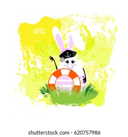 Easter illustration for your design. Cheerful egg-rabbit symbol of a happy Easter on a watercolor background. Isolated on white. 