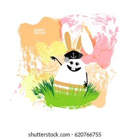 Easter illustration for your design. Cheerful egg-rabbit symbol of a happy Easter on a watercolor background. Isolated on white. Rabbit white in sailors cap