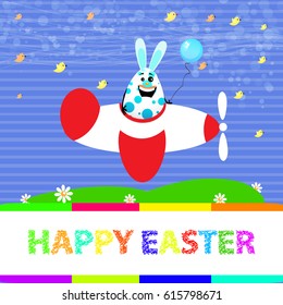 Easter illustration for your design. Colorful, Easter egg-rabbit flies on an airplane. The holiday is approaching