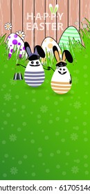 Easter illustration for your design. Funny rabbit eggs on a green grassy lawn sailors men with binoculars in hands