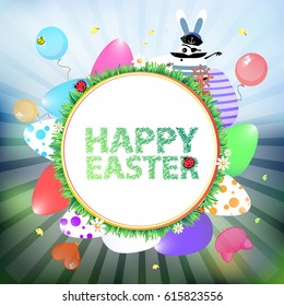 Easter illustration for your design. Multicolored, painted Easter eggs lined in the form of a circle-hoop. With the inscription of a happy Easter and a ladybug in the middle with a captain egg