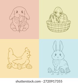 Easter illustrations with cute characters, spring flowers and easter eggs, vector art