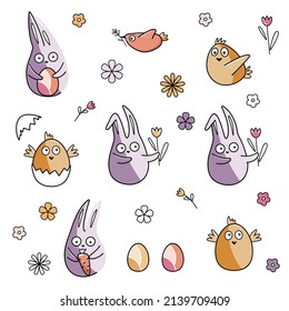 Easter illustrations set. Easter cartoon bunnies, easter eggs, chickens, birds  and flowers doodles