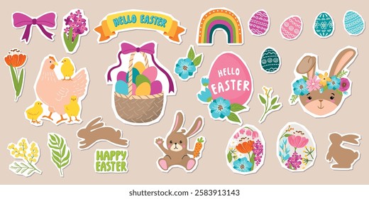 Easter Illustrations Set for Collages. Cartoon objects with paper cut shapes. Hen with chickens, bunnies, basket with eggs, flowers, rainbow, bow, hand written sign. Flat color vector designs.