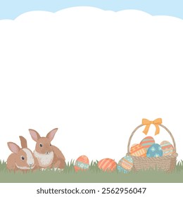 Easter illustrator frame design Easter basket with colorful Easter eggs and cute rabbit on grass background vector