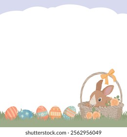 Easter illustrator frame design Easter basket with colorful Easter eggs and cute rabbit on grass background vector