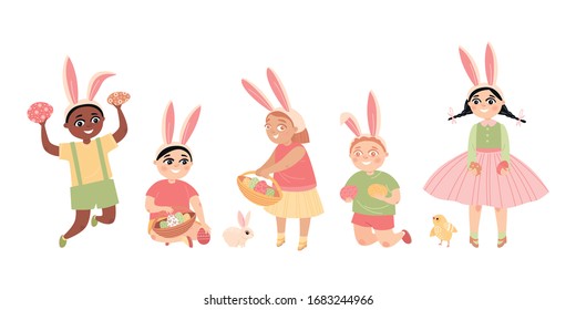 Easter images. Children with painted eggs in their hands, cute chicken and rabbit isolated on white background. Vector illustration in cartoon style.