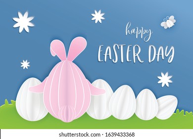 Easter infographic, Vector illustration with paper cut Easter bunny, Easter eggs and place for text in field background