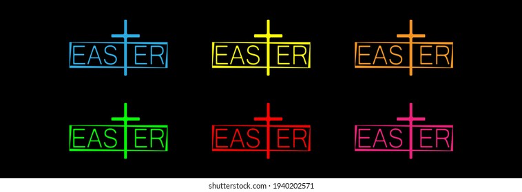 Easter inscription and cross, logo for the holiday in different colors on a dark background. 