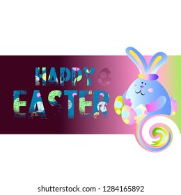 Easter inscription and rabbit. Easter eggs of different colors. Easter. Vector illustration