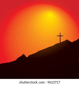 Easter inspired illustration of a cross on a mountain side at sunset