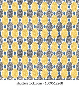 EASTER INSPIRED VECTOR SEAMLESS REPEAT PATTERN. ILLUSTRATION OF LEOPARD PRINTED CIRCLES IN MUSTARD YELLOW, BLUE AND GREY COLOURS