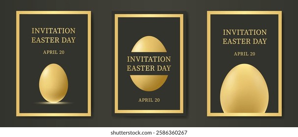 Easter invitation card background. Festive line gold on black background. Premium design for spring Holiday, vip cover template, flyer