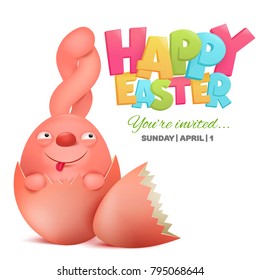 Easter invitation card with bunny cartoon character in egg. Vector illustration