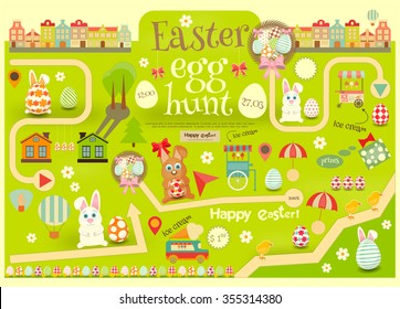 Easter Invitation Card. Easter Egg Hunt. Vector Illustration.