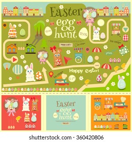 Easter Invitation Card And Easter Elements. Easter Egg Hunt. Vector Illustration.