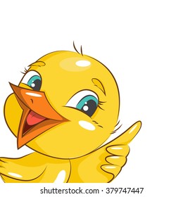 Easter invitation of charming little chicken. Isolated on white. Place for you text. Vector