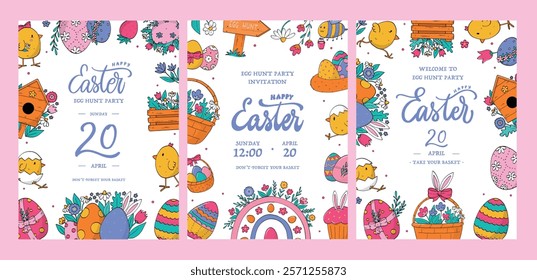 Easter invitations, greeting cards collection decorated with doodles and lettering quotes. Good for templates, banners, posters, etc. Spring theme. EPS 10