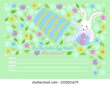 Easter invitations templates with bunny hides easter egg under the bucket and typographic design. Happy Easter Egg Hunt