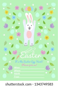 Easter invitations templates with eggs, flowers, floral frames, cute bunny and typographic design. Happy Easter Egg Hunt. White funny rabbit