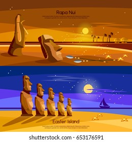 Easter Island banners, Moai statues of Easter island landscape Polynesia. Stone idols.  Tourism and vacation tropical background 