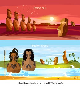 Easter Island Banners, Moai Statues Of Easter Island Landscape Polynesia. Stone Idols. Tourism And Vacation Tropical Background. People Of Easter Island, Tradition And Culture 